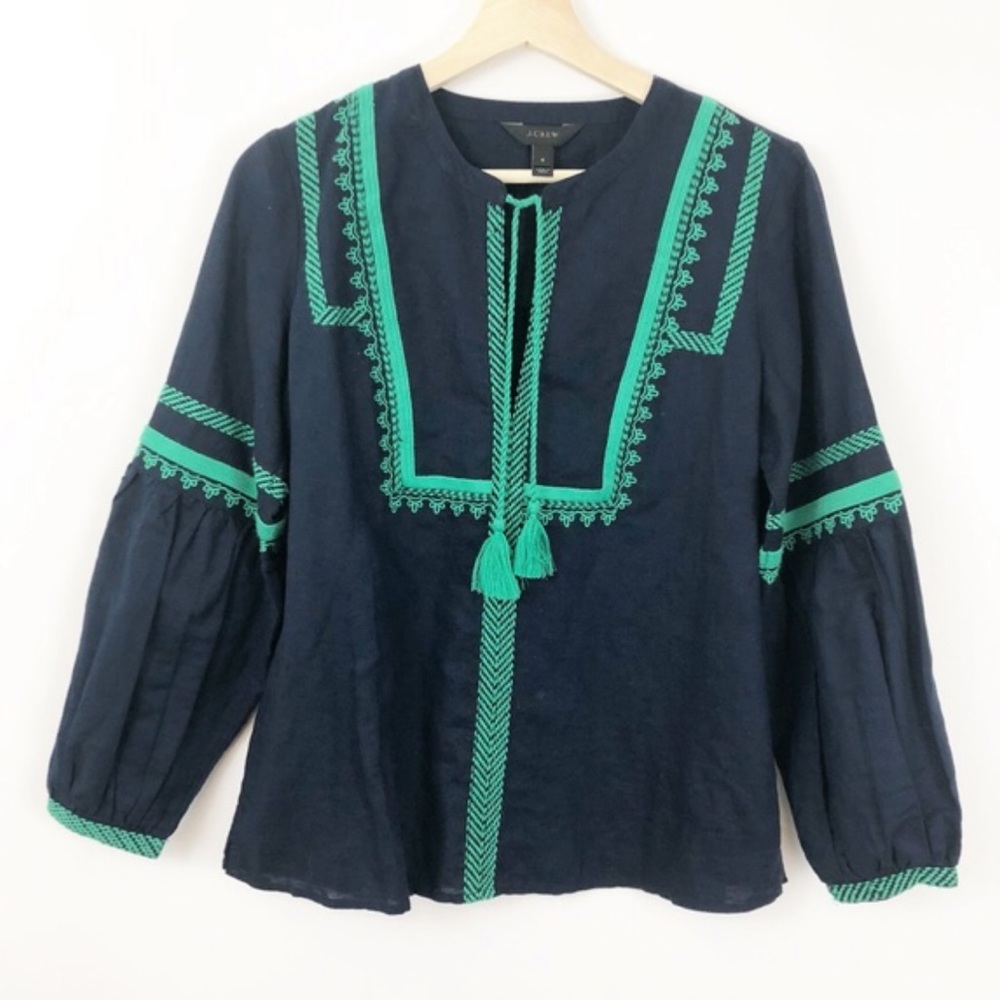 J. Crew Navy Blue Long Sleeve Top with Green Embroidery